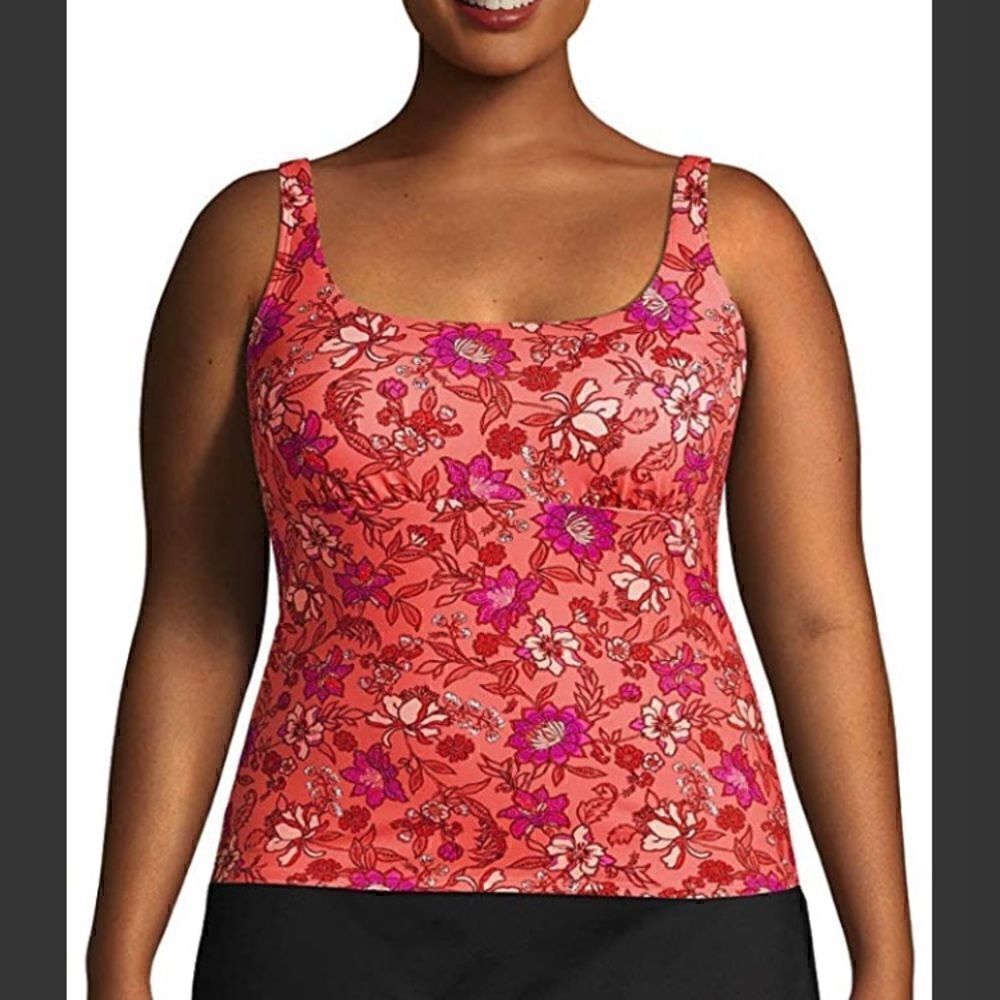 Land’s End Square neck tankini top underwire bra adjustable fresh melon lotus 12 - Picture 2 of 5